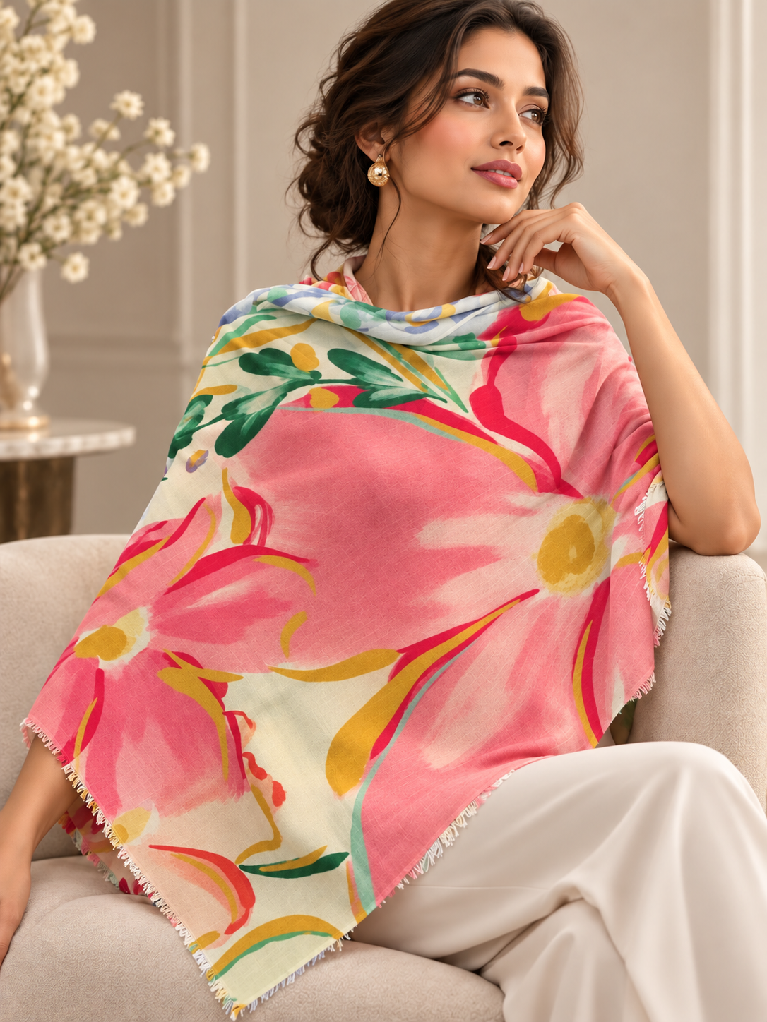 A woman seated on a light beige armchair wearing a large floral shawl with pink, yellow, green, and blue tones over white pants, in an indoor room setting.