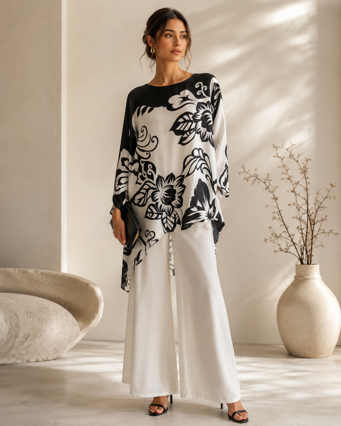 Silk tunic in black and white