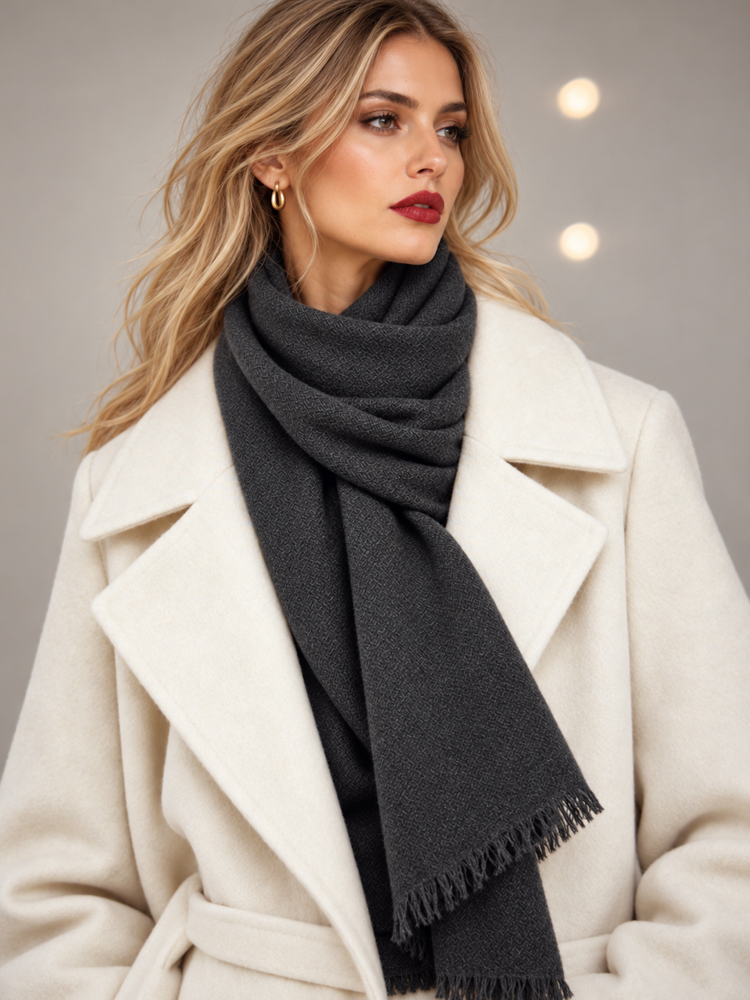 A woman wearing a thick, dark charcoal gray knit scarf with fringed edges, styled under a cream-colored wool coat against a soft gray background.