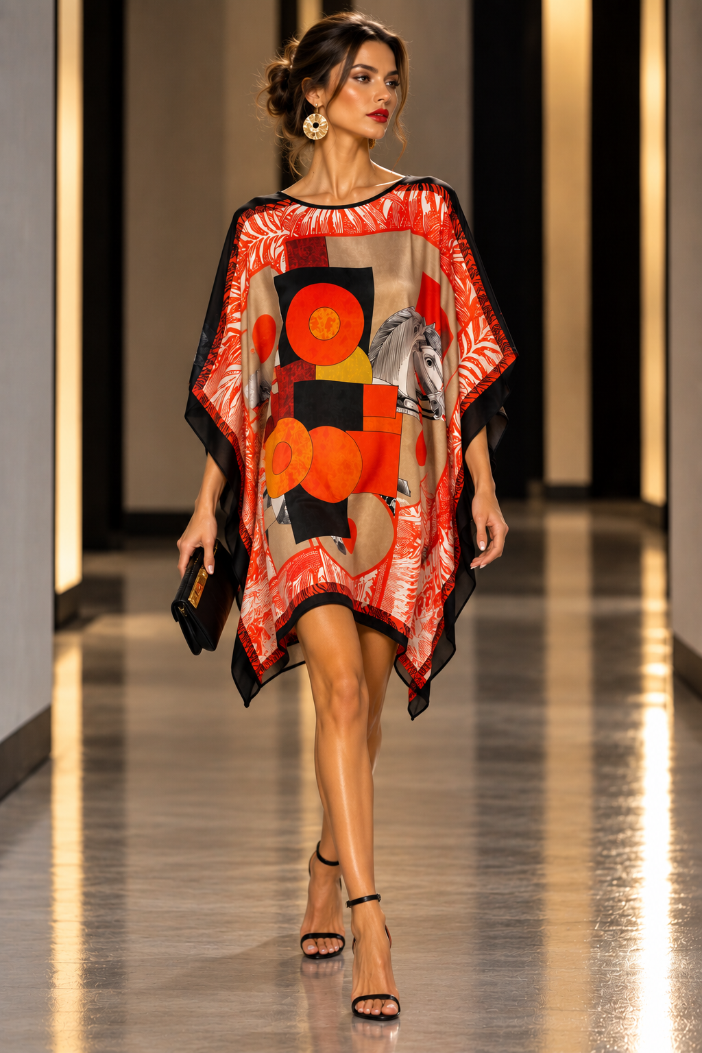 A model walks a fashion runway -style silk tunic dress with a bold abstract geometric print in red, orange, yellow, and black.