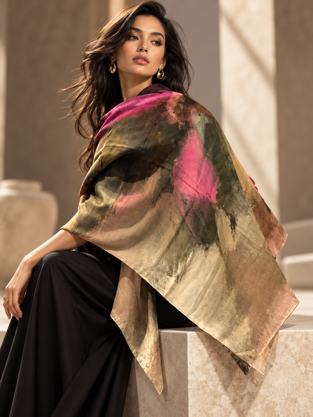 Handwoven cashmere shawl worn by model