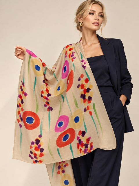 A beautiful graphic cashmere scarf worn by model