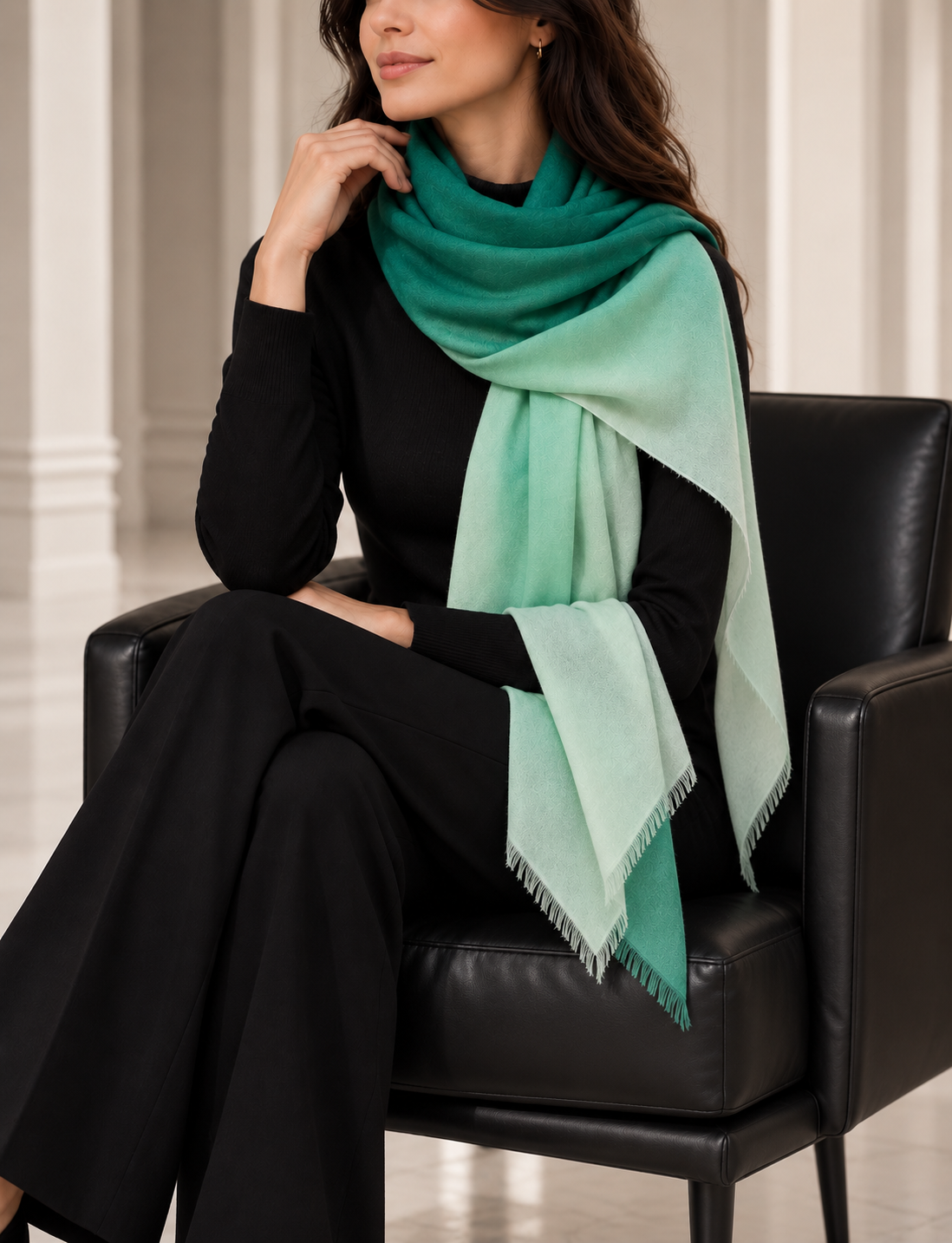 A woman seated in a black leather armchair wearing a black outfit and a large gradient scarf in teal and mint green with fringe, in an indoor setting with light neutral walls.