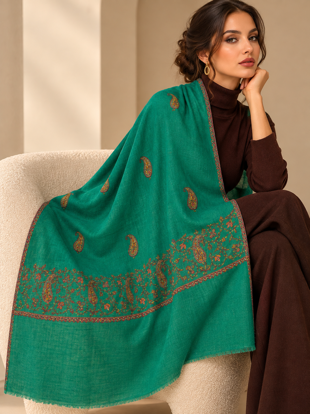 A lovely green embroidered Kashmiri shawl