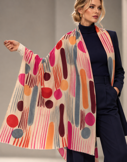 Graphic on ivory cashmere scarf