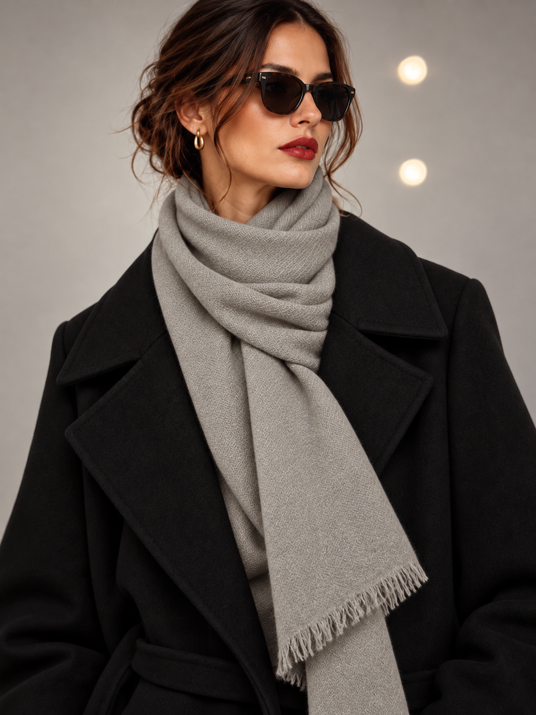 A woman wearing a light gray knit scarf with fringe, styled over a black coat and sunglasses against a soft gray background.