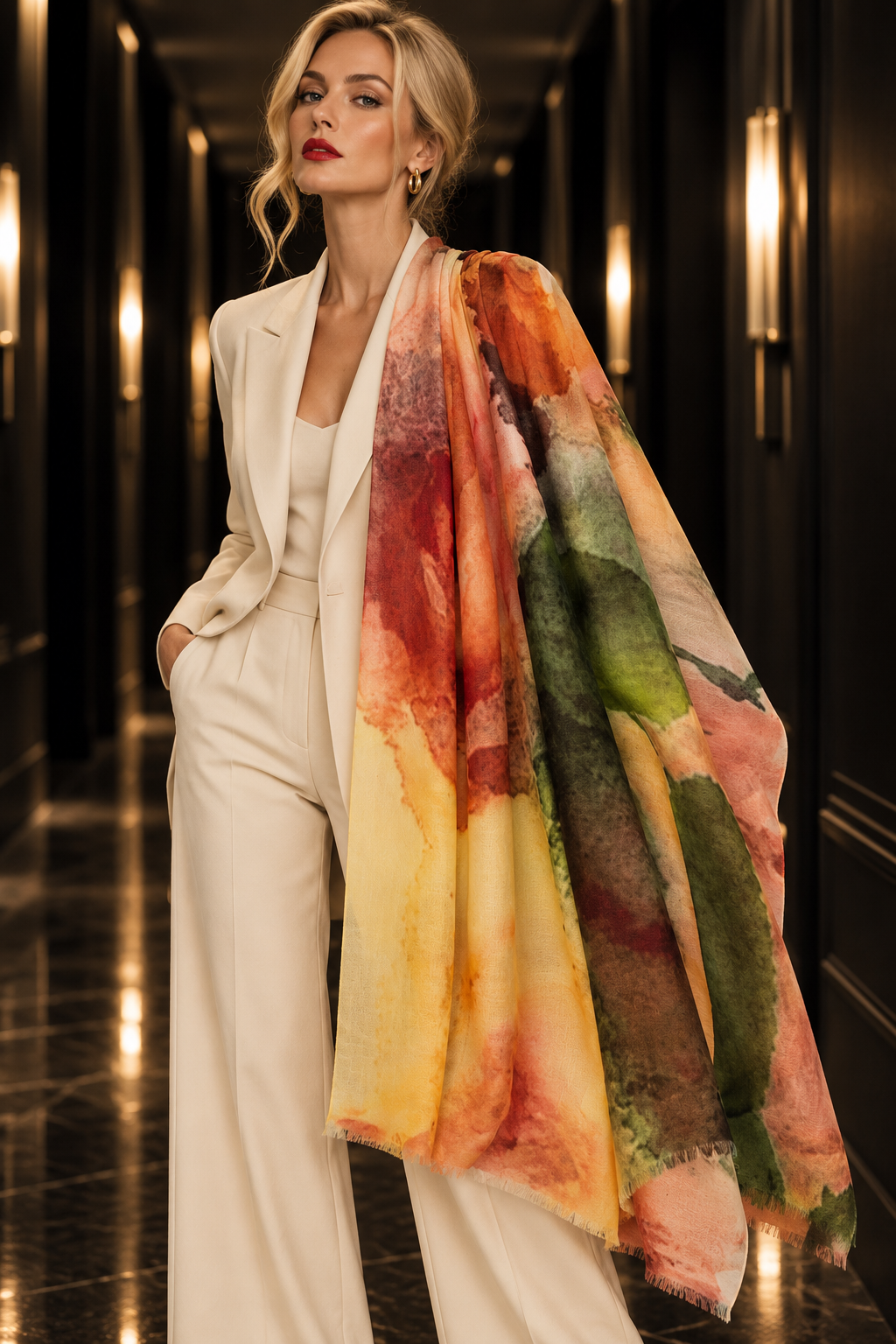 A woman in a white blazer and trousers models a large, multicolored watercolor print scarf draped over her shoulder in a dark, elegant hallway.