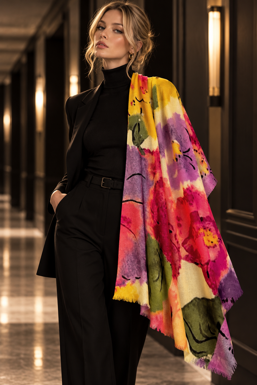 A woman in a black turtleneck and trousers stands in a dimly lit hallway, draped with a large, vibrant floral scarf featuring pink, yellow, purple, and green watercolor-style patterns.