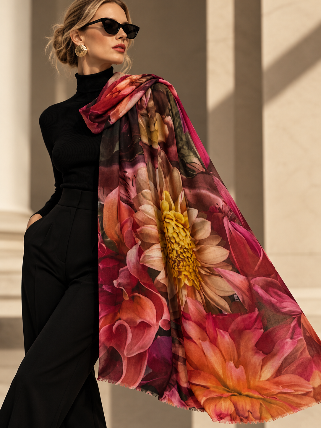 A woman wearing a black turtleneck and trousers models a large, vibrant floral scarf with dahlia-like flowers in shades of pink, red, orange, and yellow. She is wearing black sunglasses and standing against a warm-toned architectural background.
