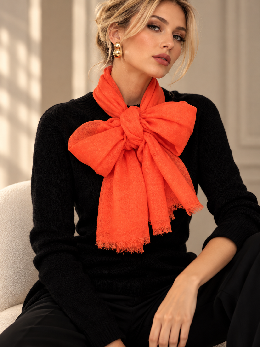 A woman wearing a bright orange scarf tied in a large bow around her neck, paired with a black long-sleeve top and black pants, seated indoors.