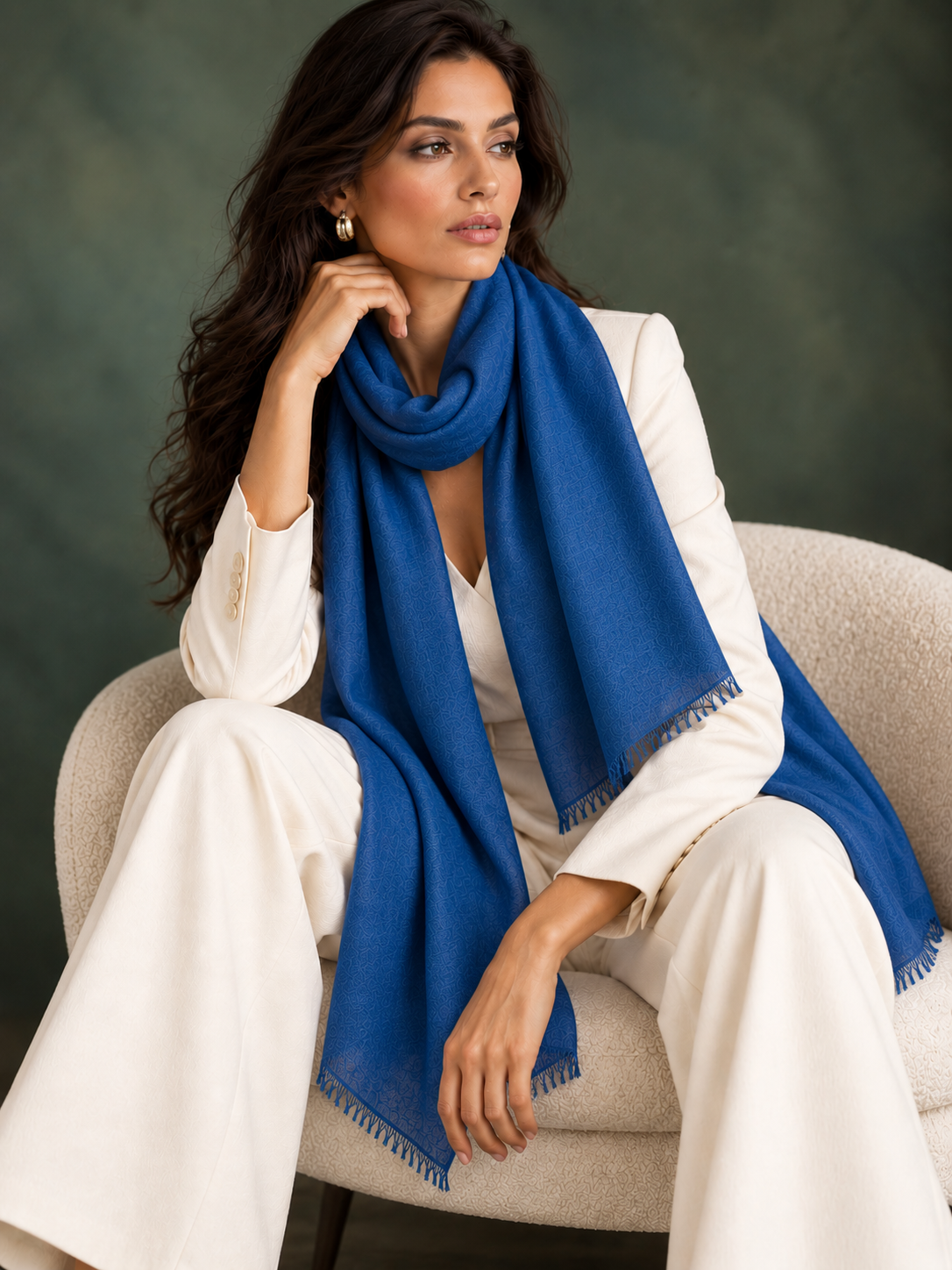 A woman seated in a cream upholstered armchair wearing a white outfit and a bright royal blue scarf with fringed edges, posed against a dark green textured background.