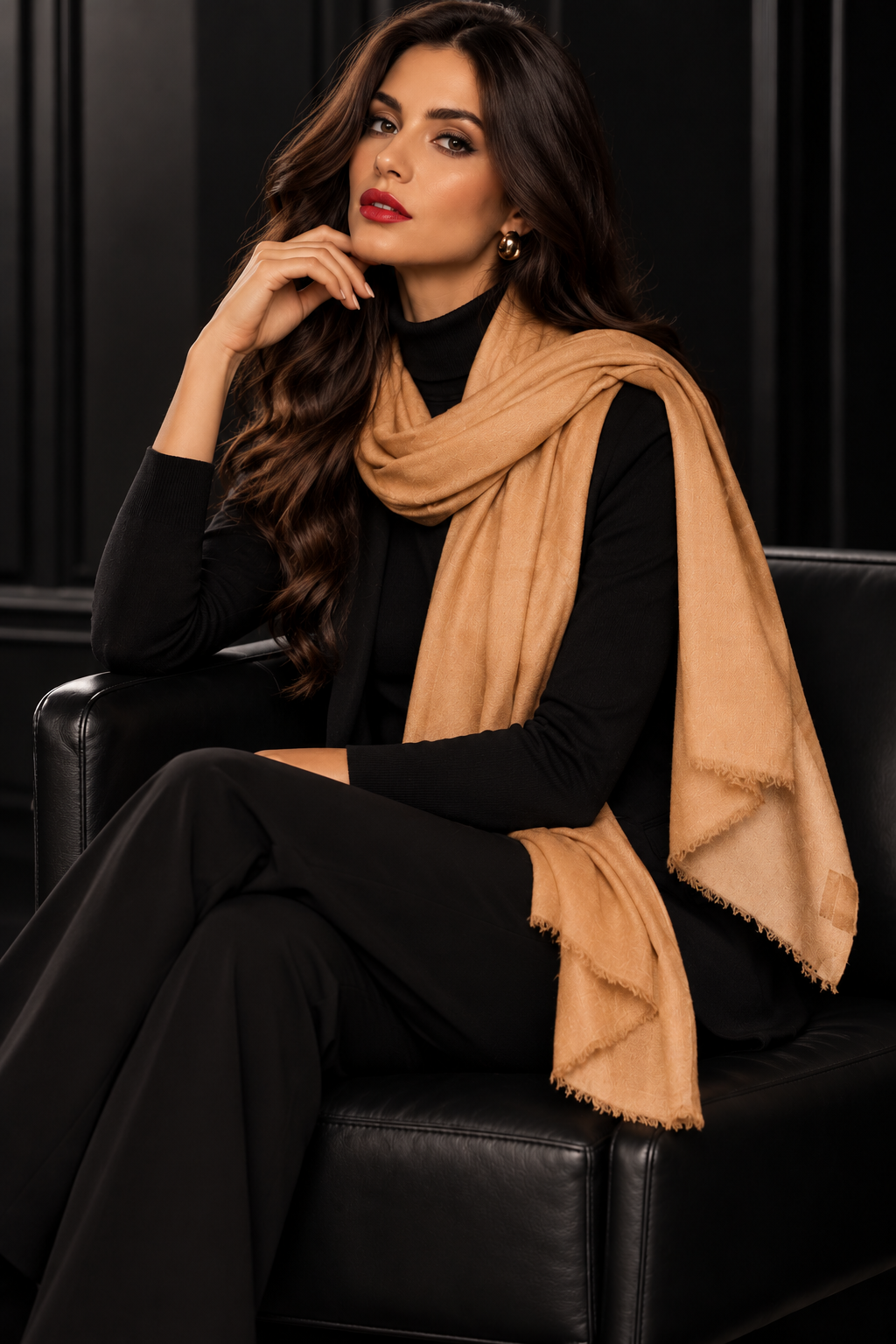 A woman seated on a black leather chair wearing a black outfit and a draped camel-colored scarf with fringed edges, posed against a dark paneled background.