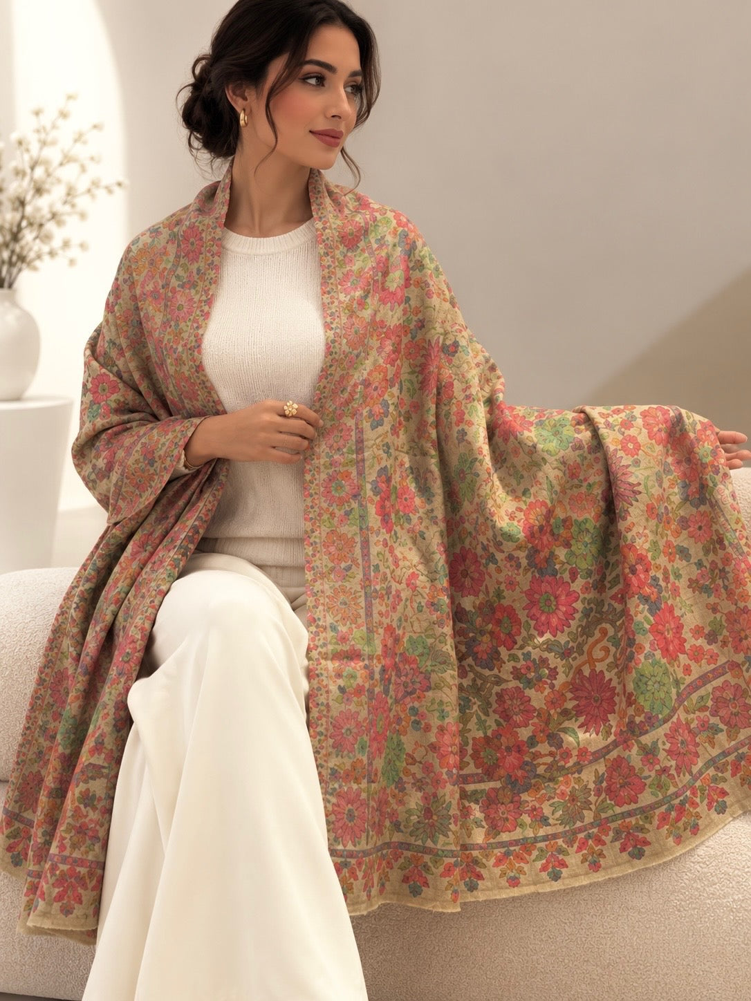 One of a kind floral hand loomed shawl
