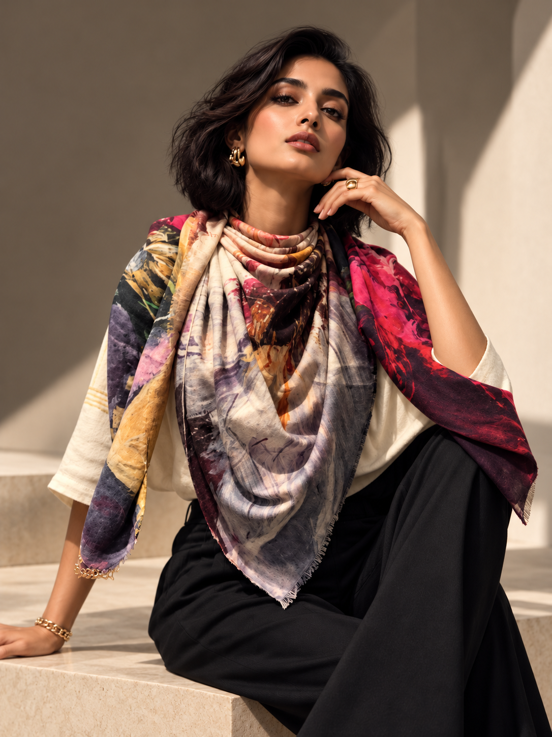 A woman wearing a multicolor abstract print scarf draped over her shoulders, paired with a cream top and black pants, sitting on a stone step in warm sunlight.