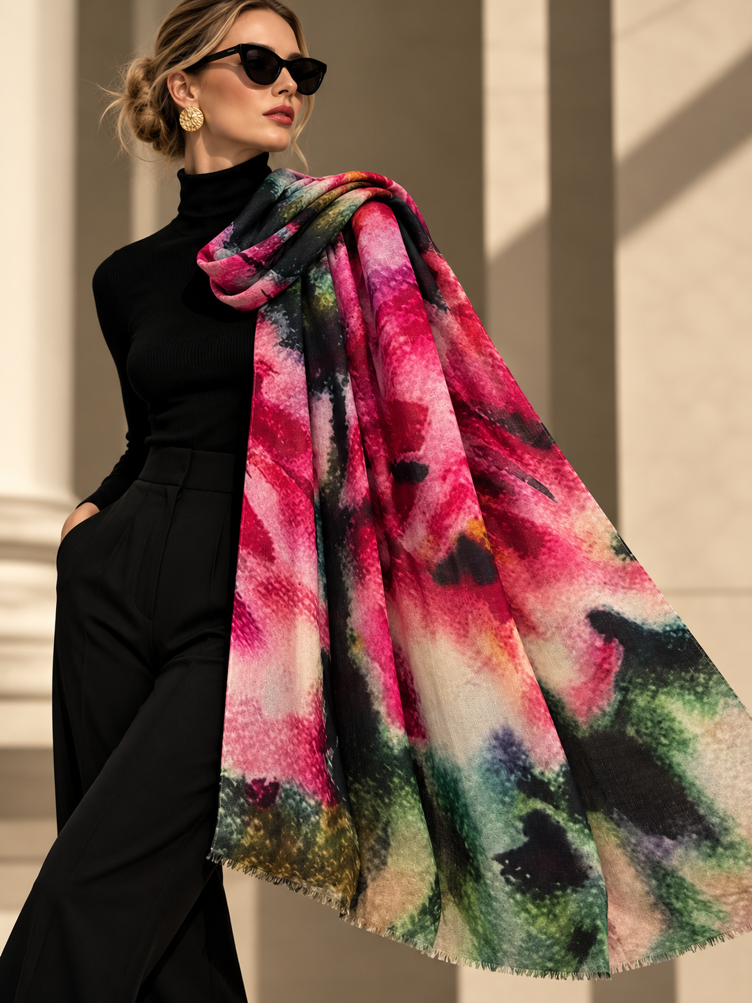 A woman wearing a black turtleneck and wide-leg pants drapes a large multicolor scarf with a pink, green, and black abstract watercolor pattern over her shoulder, posed in front of a beige architectural background.