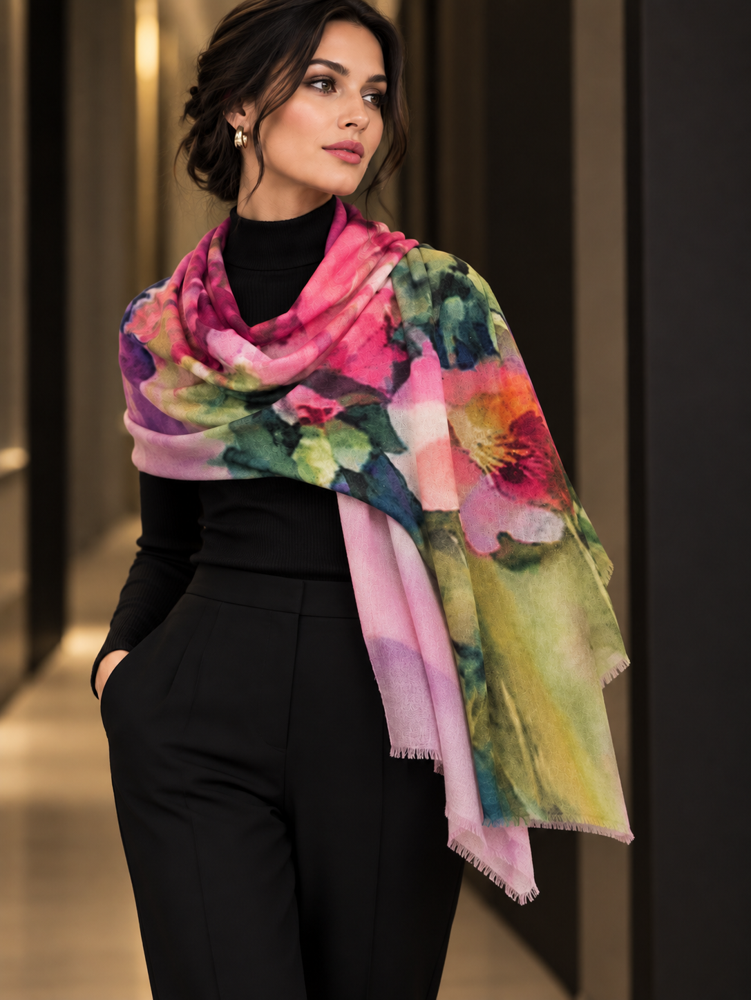 A woman wearing a black outfit and a vibrant, multicolored floral shawl draped over her shoulders in an indoor hallway setting.