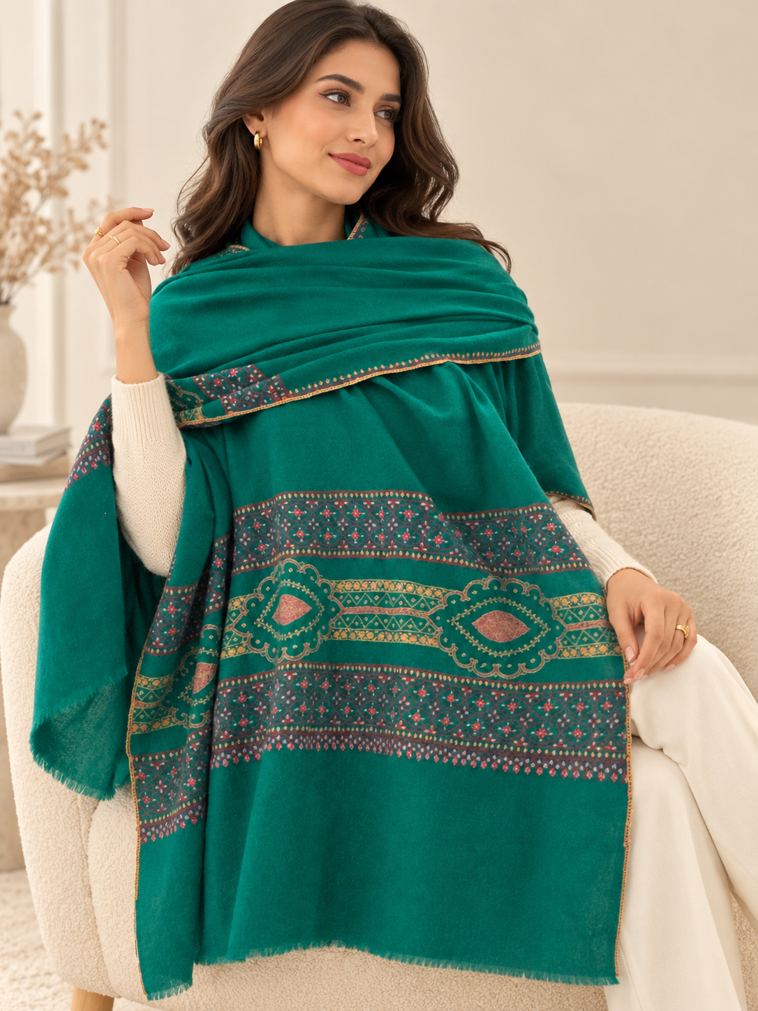 Beautiful hand embroidered shawl worn by model