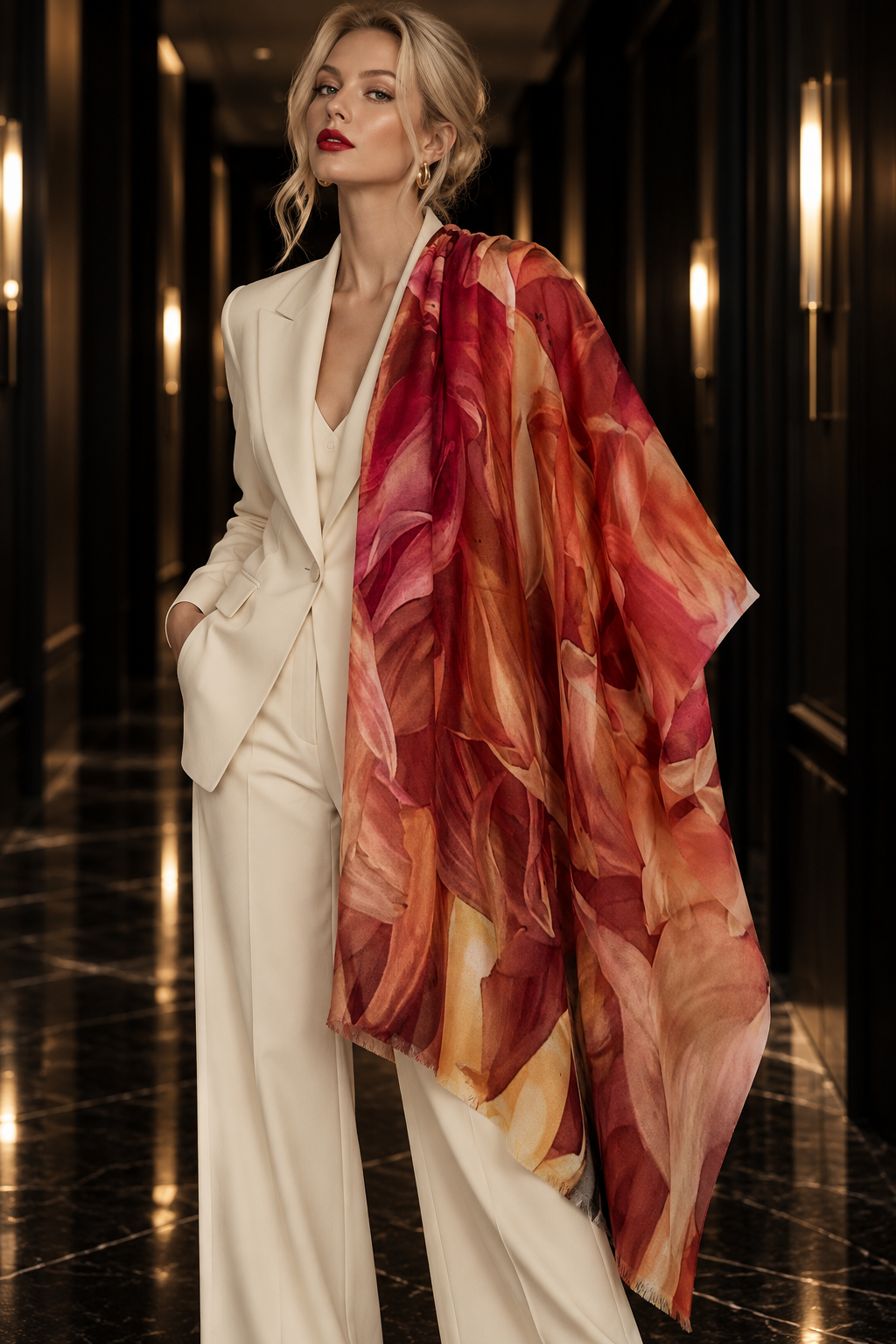 A woman in a cream-colored blazer and trousers stands in a dark hallway, draped with a large, flowing scarf featuring an abstract watercolor pattern in shades of red, orange, pink, and yellow.
