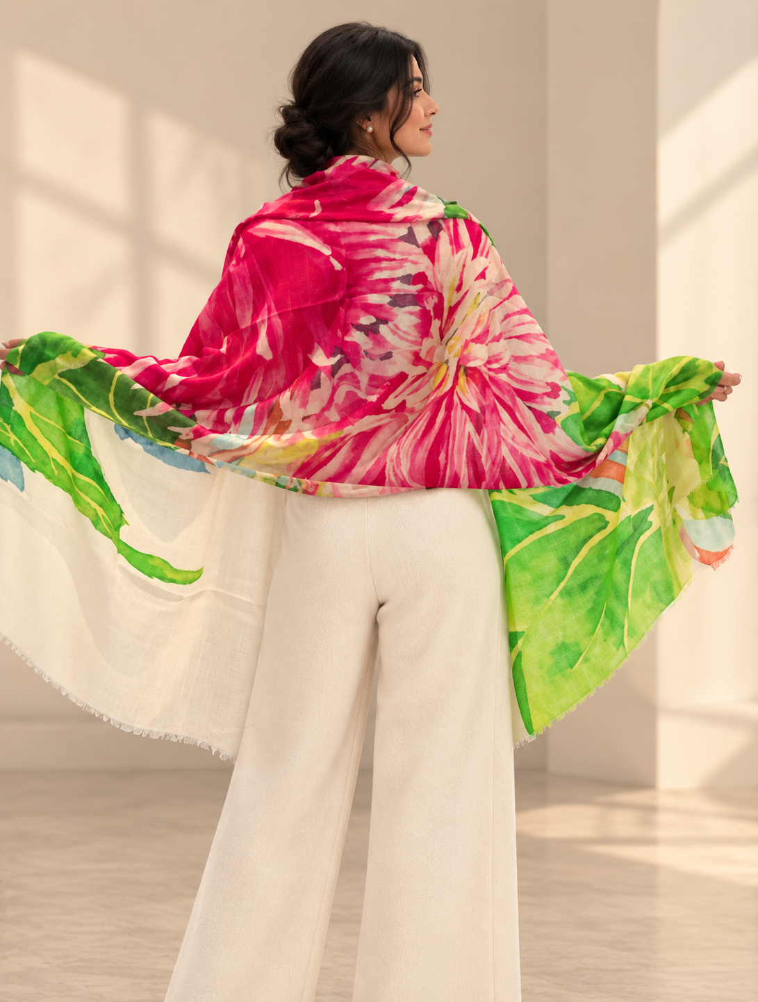 A woman wearing a vibrant pink and green floral shawl over white wide-leg trousers, shown from the back in a brightly lit indoor setting.