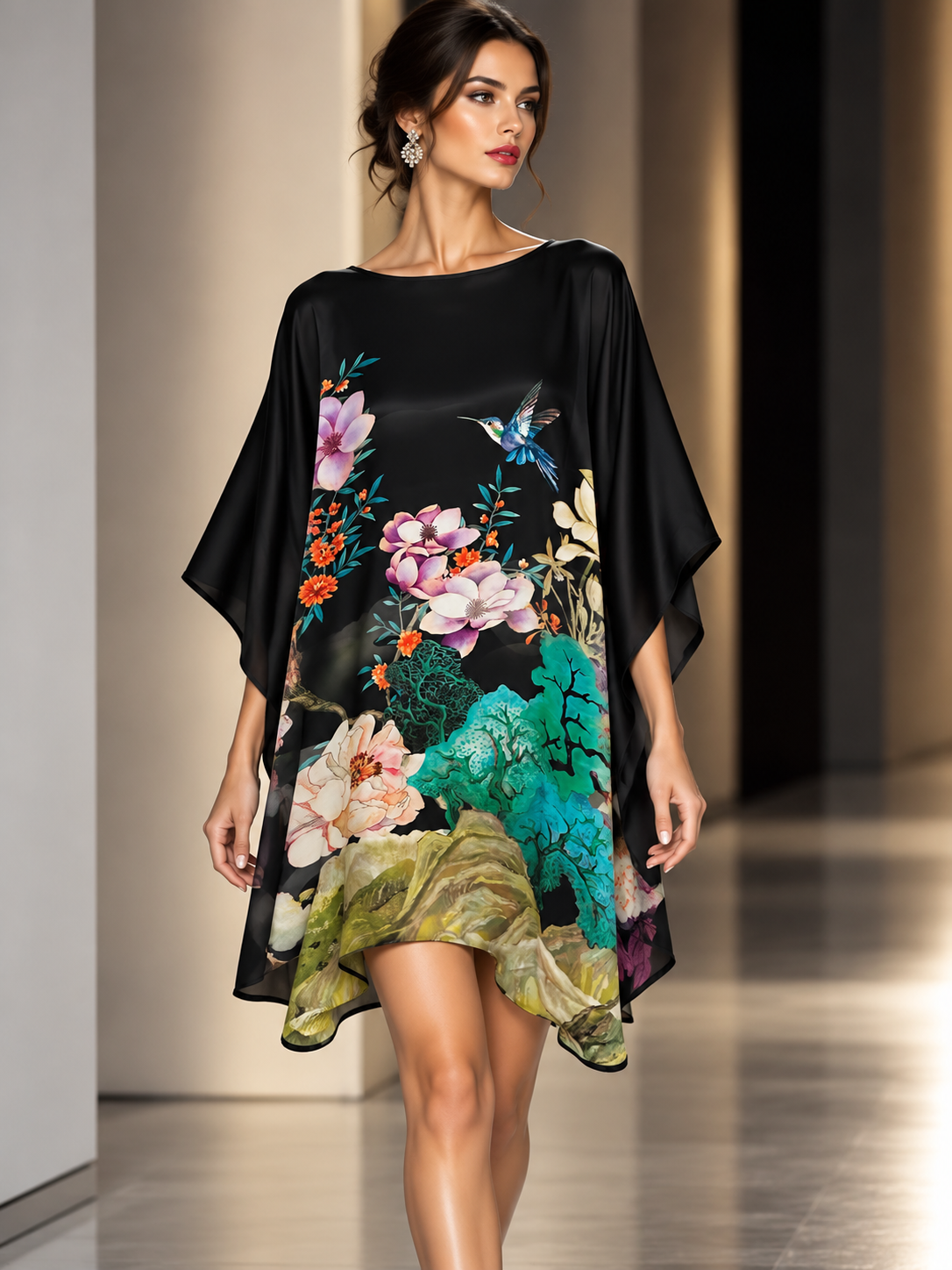 A model wearing a black silk tunic dress with a vibrant, multicolored floral and bird print on the front panel.