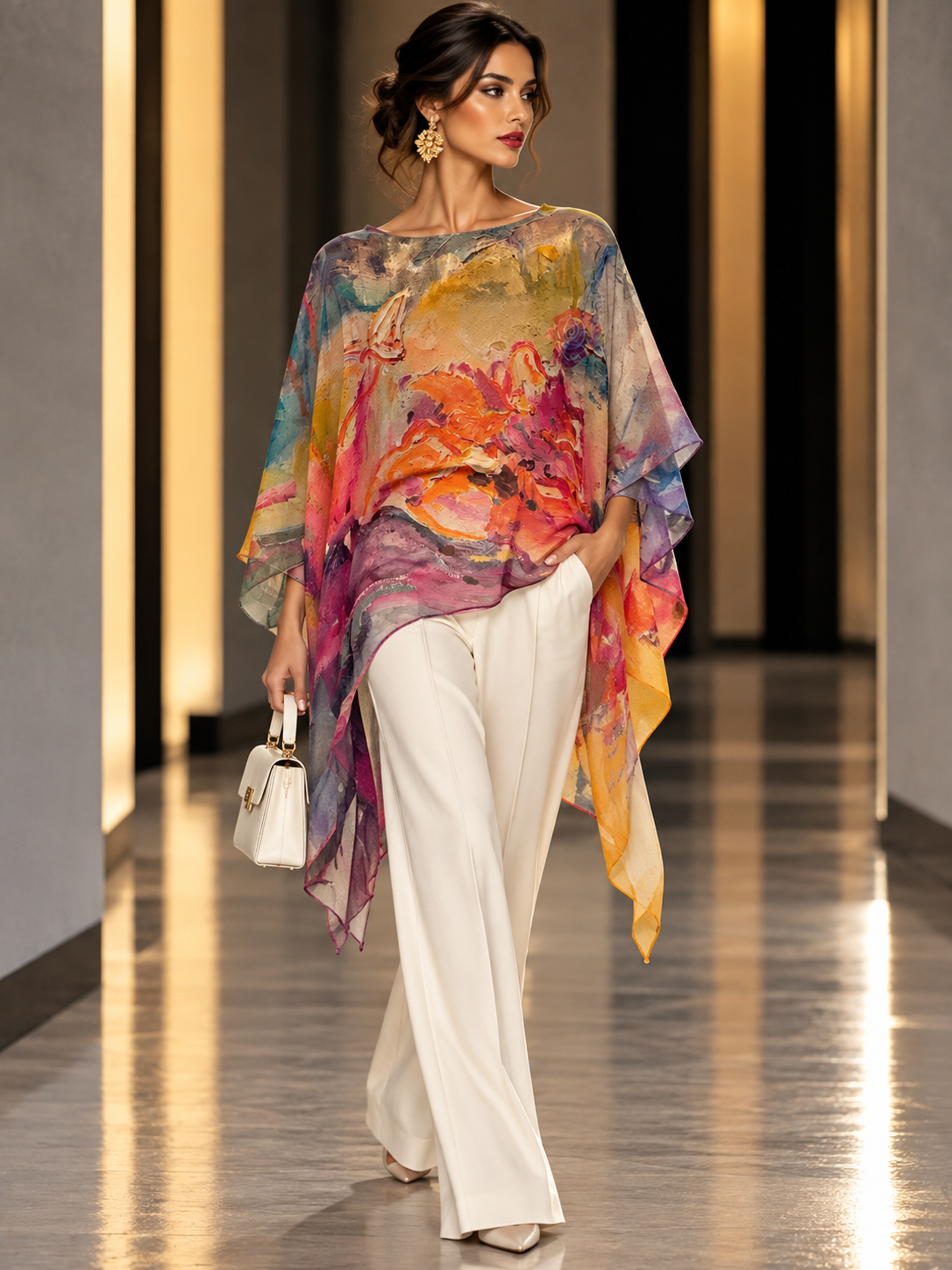 A woman walks down a runway wearing a loose, semi-sheer abstract print top with a multicolor floral design in orange, pink, yellow, blue, and purple, paired with white wide-leg trousers and holding a small white handbag.
