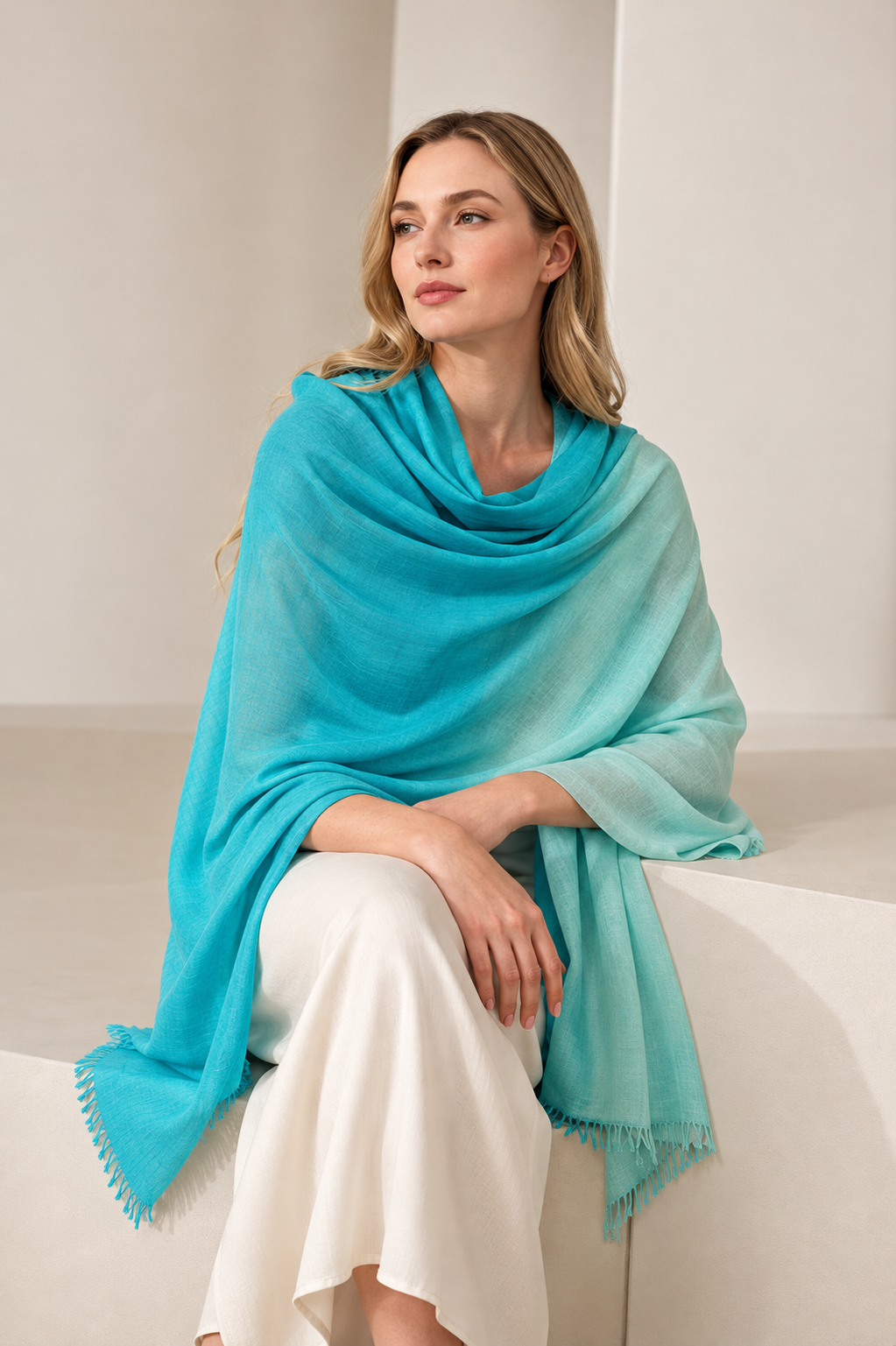 A woman sits on a white bench wearing a large turquoise-blue shawl draped over her shoulders, paired with white trousers, in a minimalist studio setting.