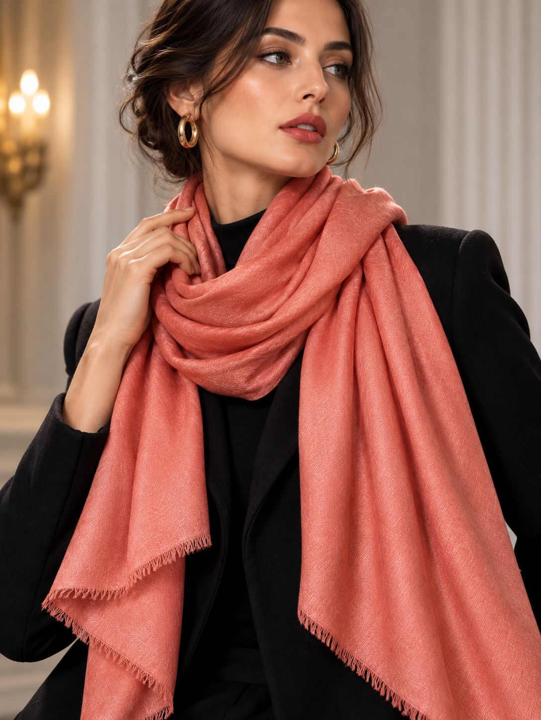 Model wears a handwoven cashmere shawl