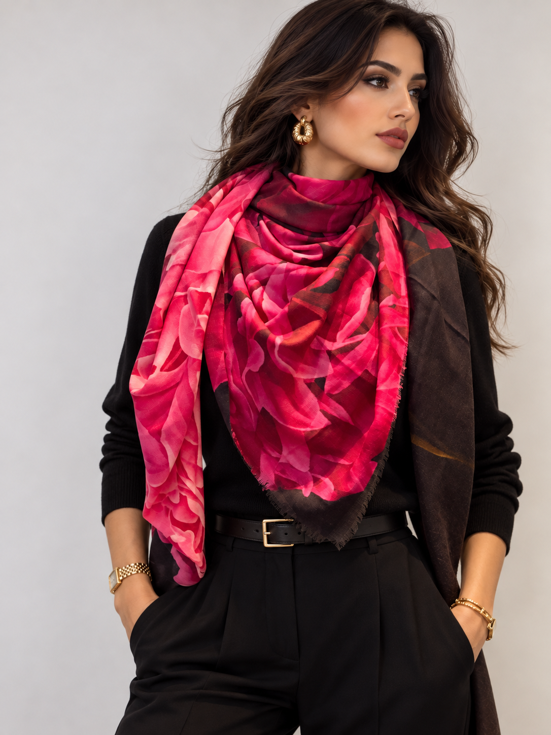 Pink cashmere shawl worn by a model