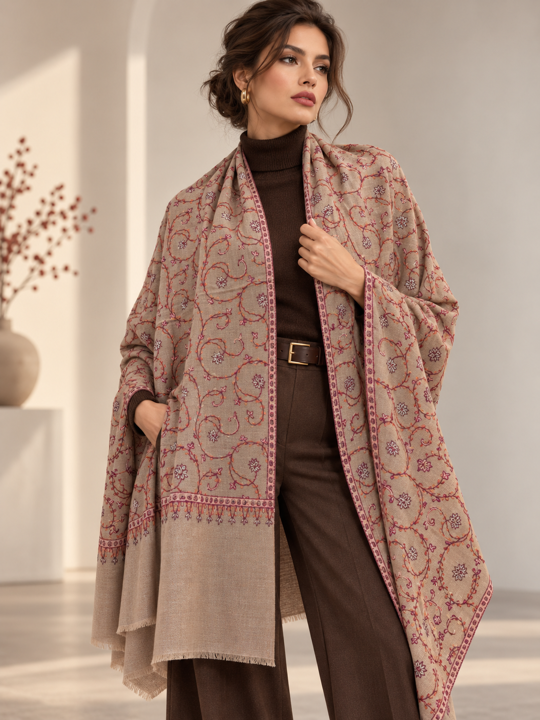 A woman models a beige shawl with intricate red and pink paisley patterns, worn over a dark brown turtleneck and brown trousers in a bright, modern interior setting.
