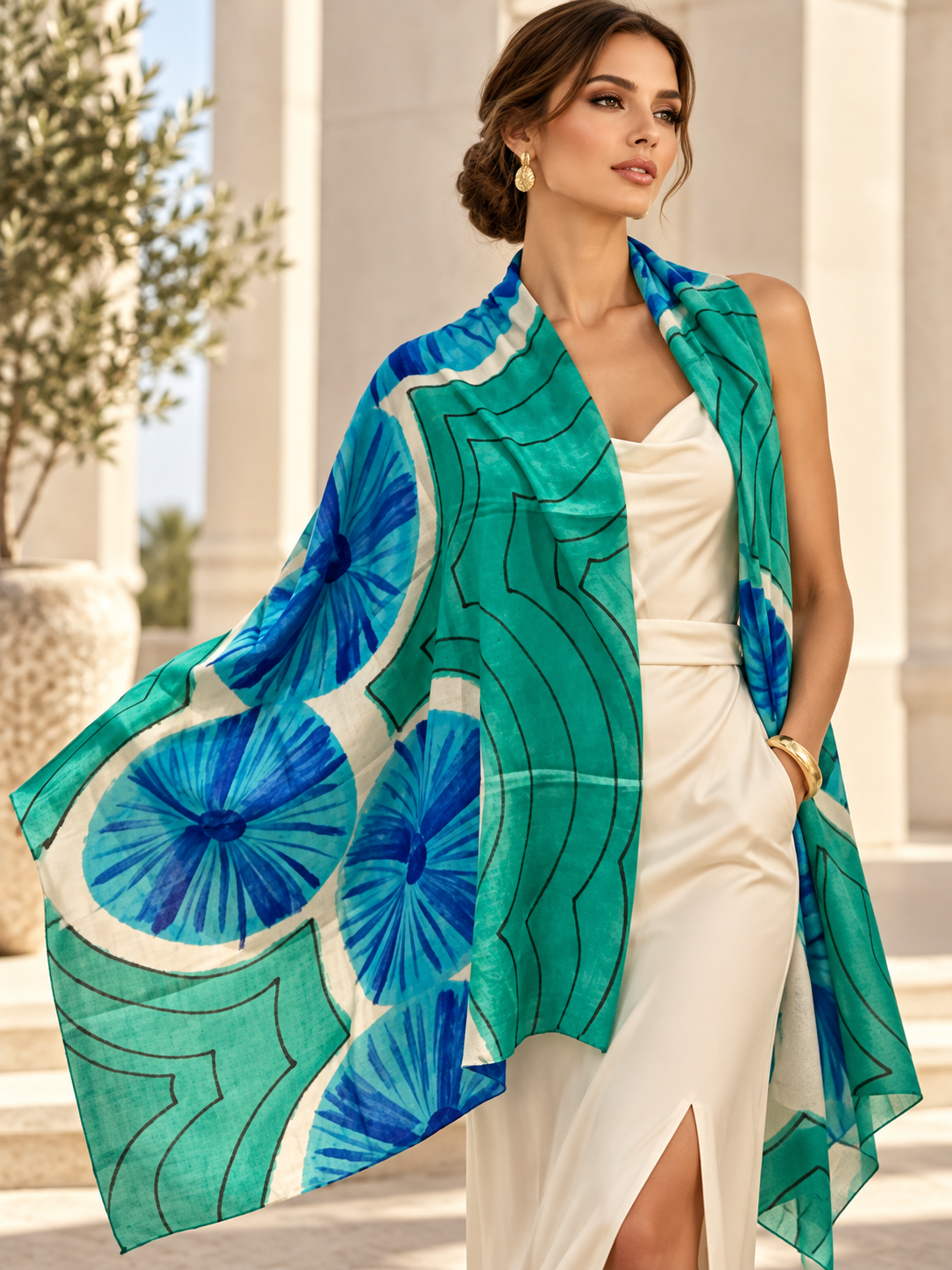 Model wearing a beautiful blue patterned cashmere scarf