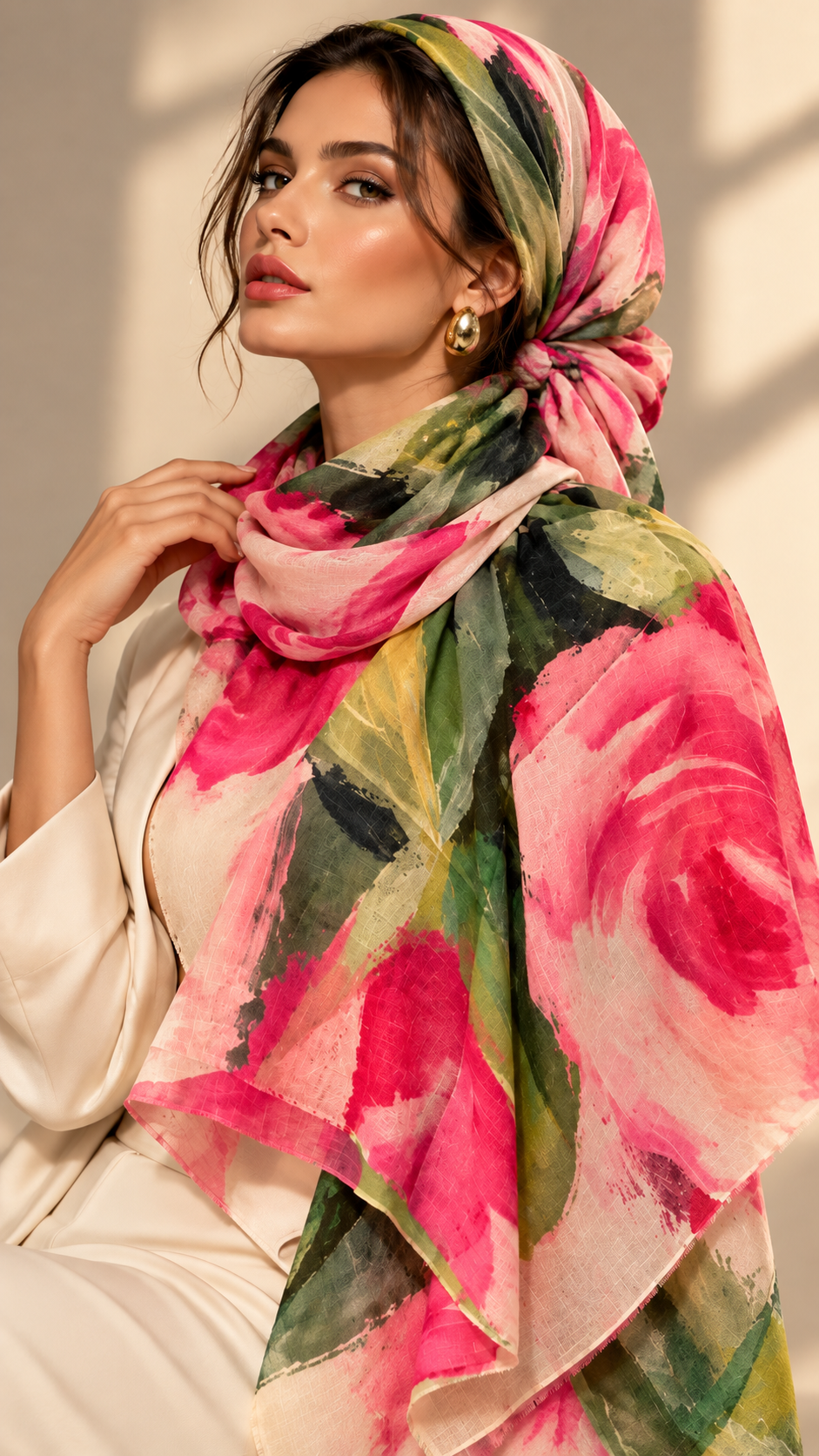 Model wears a beautiful handwoven cashmere shawl