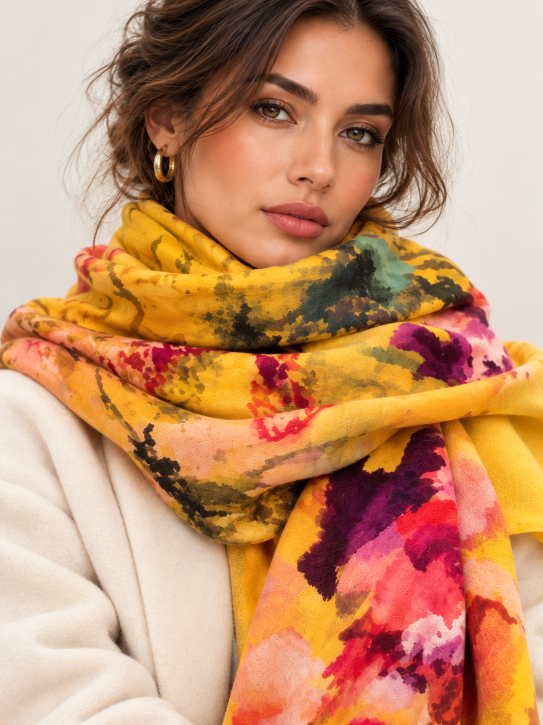 Handwoven cashmere shawls worn by model