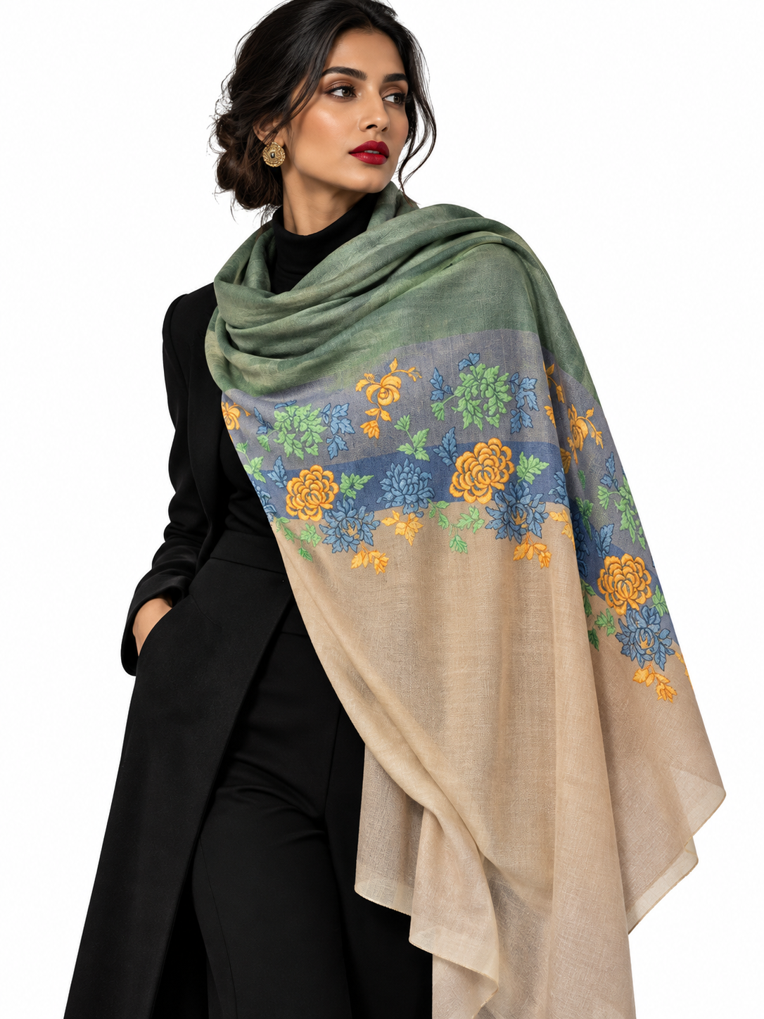 Embroidered shawl worn by model