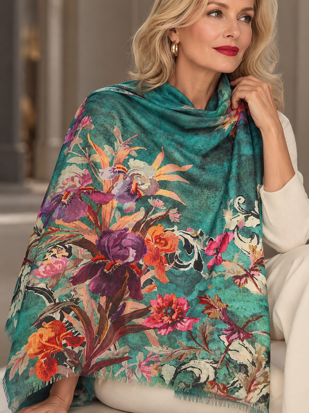 A woman wearing a teal green shawl with a vibrant multicolor floral print, styled over a white top in a softly lit indoor setting.