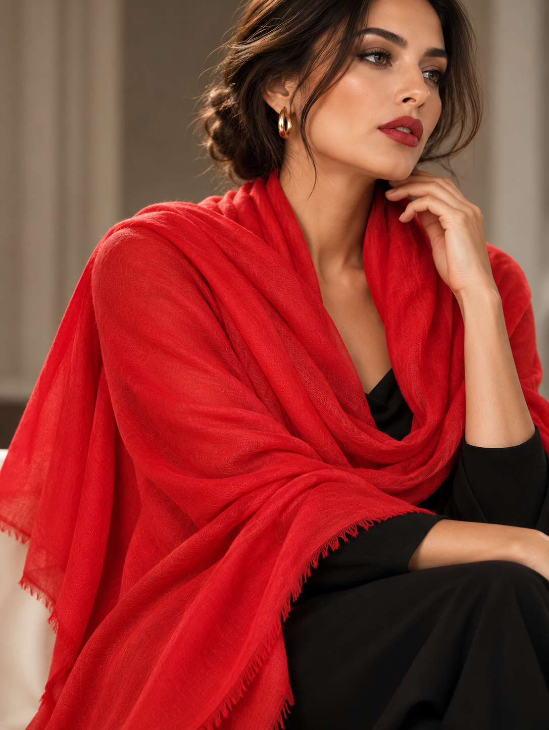 Red cashmere handwoven shawl