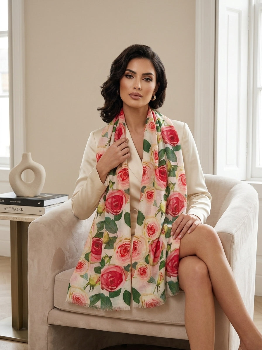 Kumari's signature floral scarf hand loomed cashmere