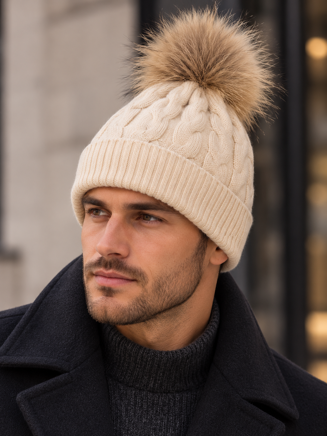 Winter white cable mens hat