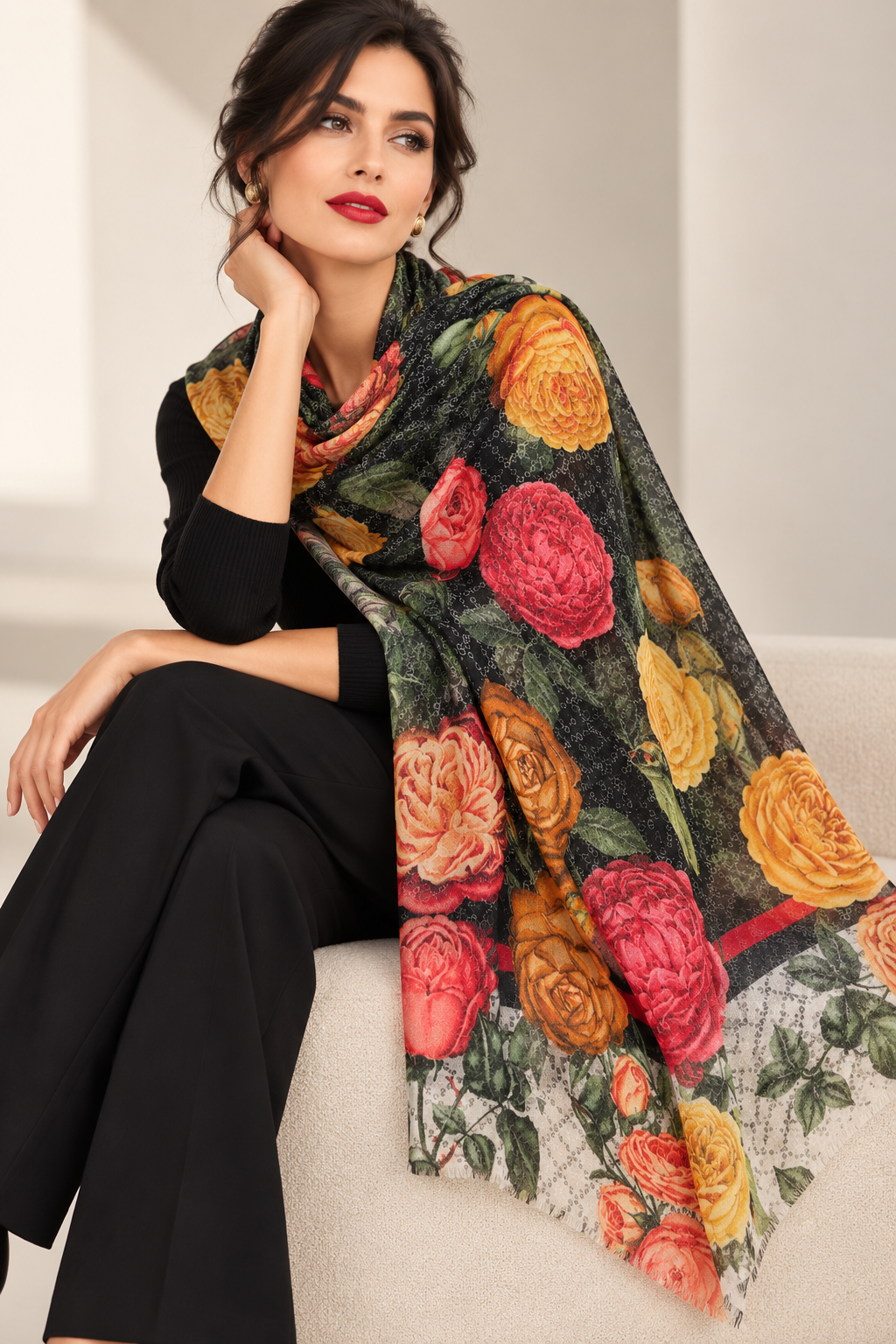 A woman seated on a light beige sofa wearing a black outfit and a large floral shawl draped over her shoulders. The shawl features large roses in red, pink, orange, and yellow with green leaves on a dark background.
