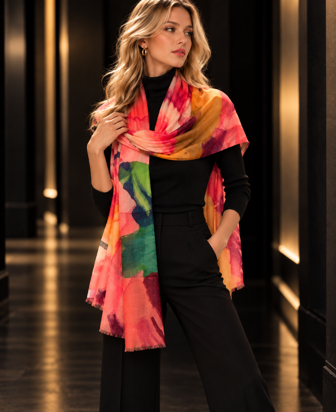 A woman models a vibrant, multicolored watercolor-patterned scarf draped over her shoulders, paired with a black turtleneck and black trousers in a dimly lit, elegant hallway.