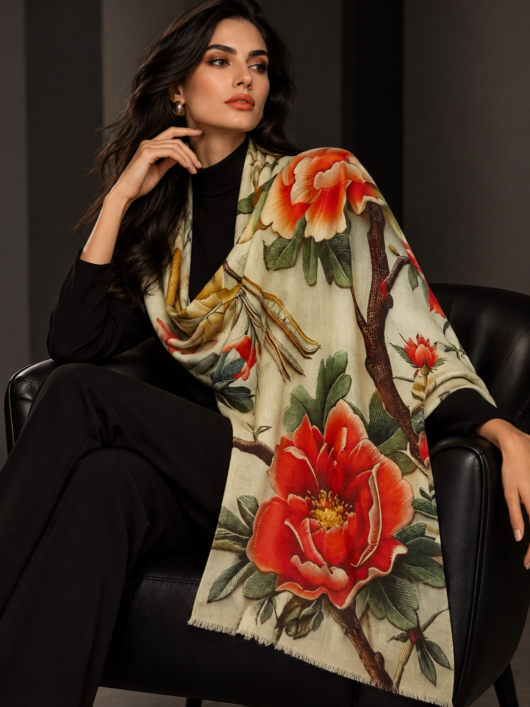 A woman seated in a black leather chair wearing a black outfit and a large cream shawl with a vivid floral print featuring red, orange, and green peony-like flowers.