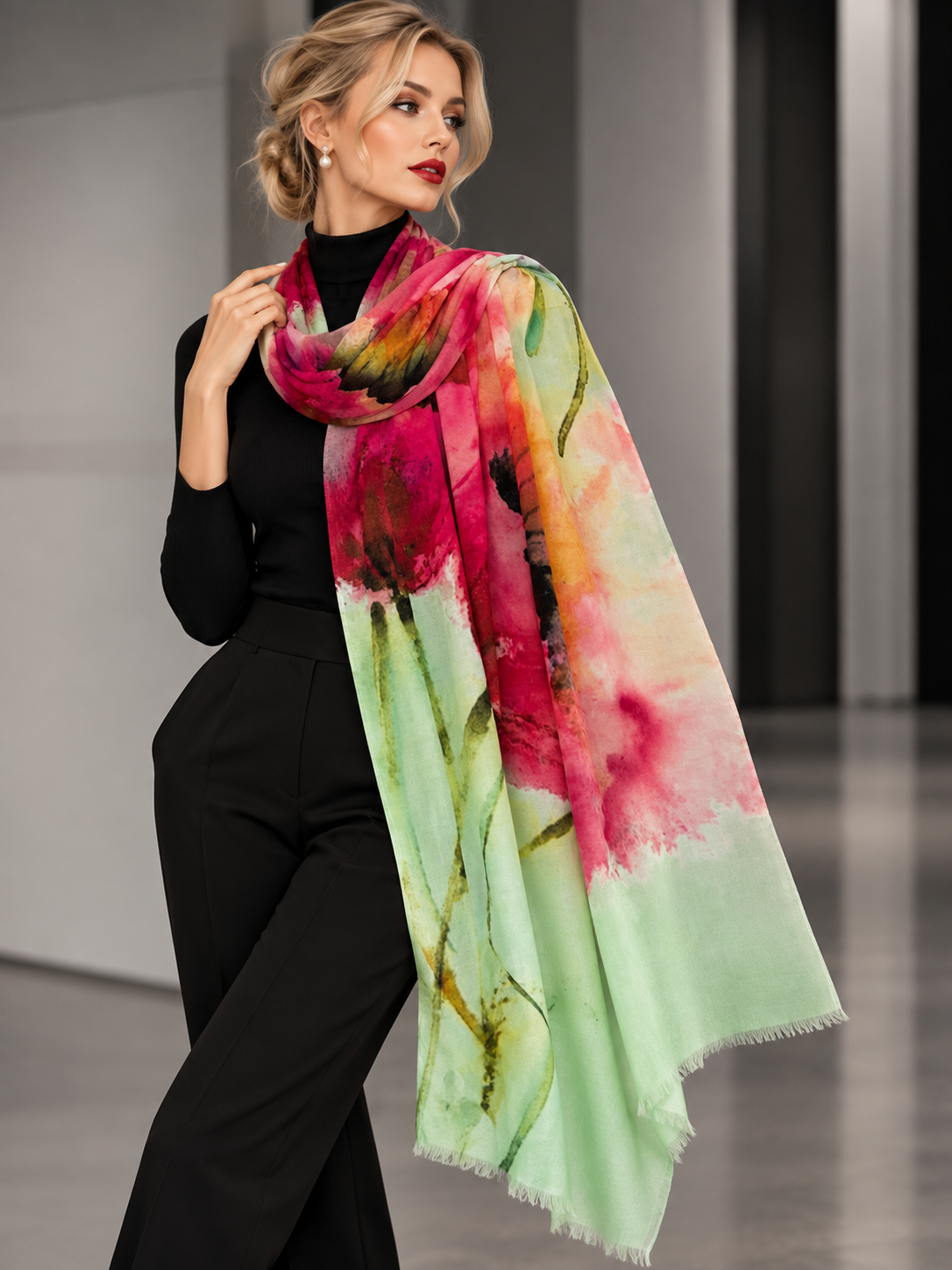 A woman modeling a lightweight rectangular scarf with a watercolor floral print in pink, red, green, and yellow, styled over a black outfit in a modern indoor setting.
