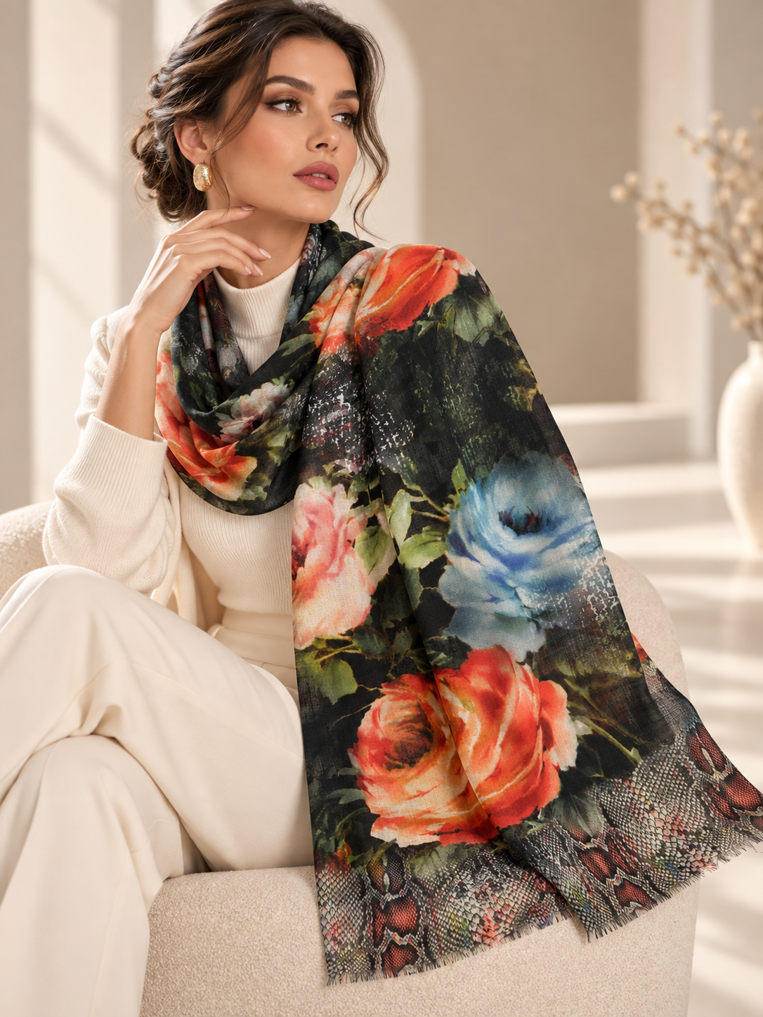 A woman seated indoors wearing a cream outfit and a large floral shawl draped over her shoulders. The shawl has a black base with prominent red, pink, blue, and peach flowers, green leaves, and a snakeskin-patterned border.