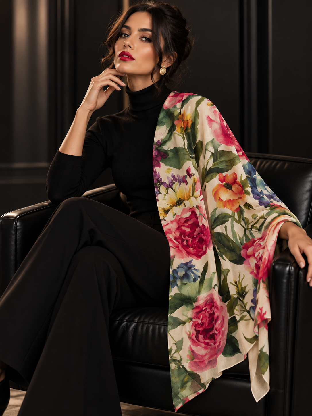 A woman seated in a black leather armchair wearing a black outfit and a large floral shawl draped over her shoulder. The shawl has a cream base with prominent pink, red, orange, blue, and green floral print.