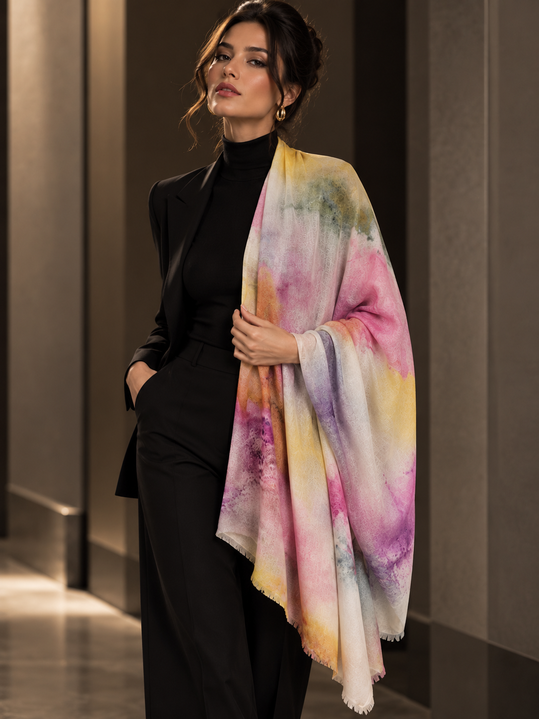 A woman wearing a black turtleneck and black trousers models a large, lightweight shawl with a watercolor tie-dye pattern in pink, yellow, purple, and green, set against a dark, elegant indoor background.