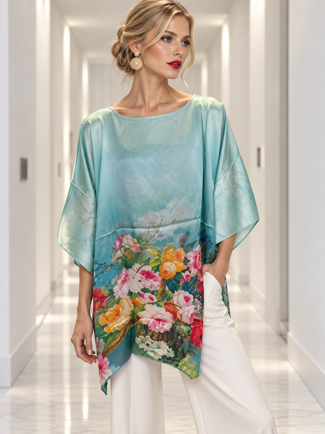 A model wears a silk blue tunic top with a vibrant multicolor floral print concentrated along the bottom hem, paired with white pants in a brightly lit hallway.