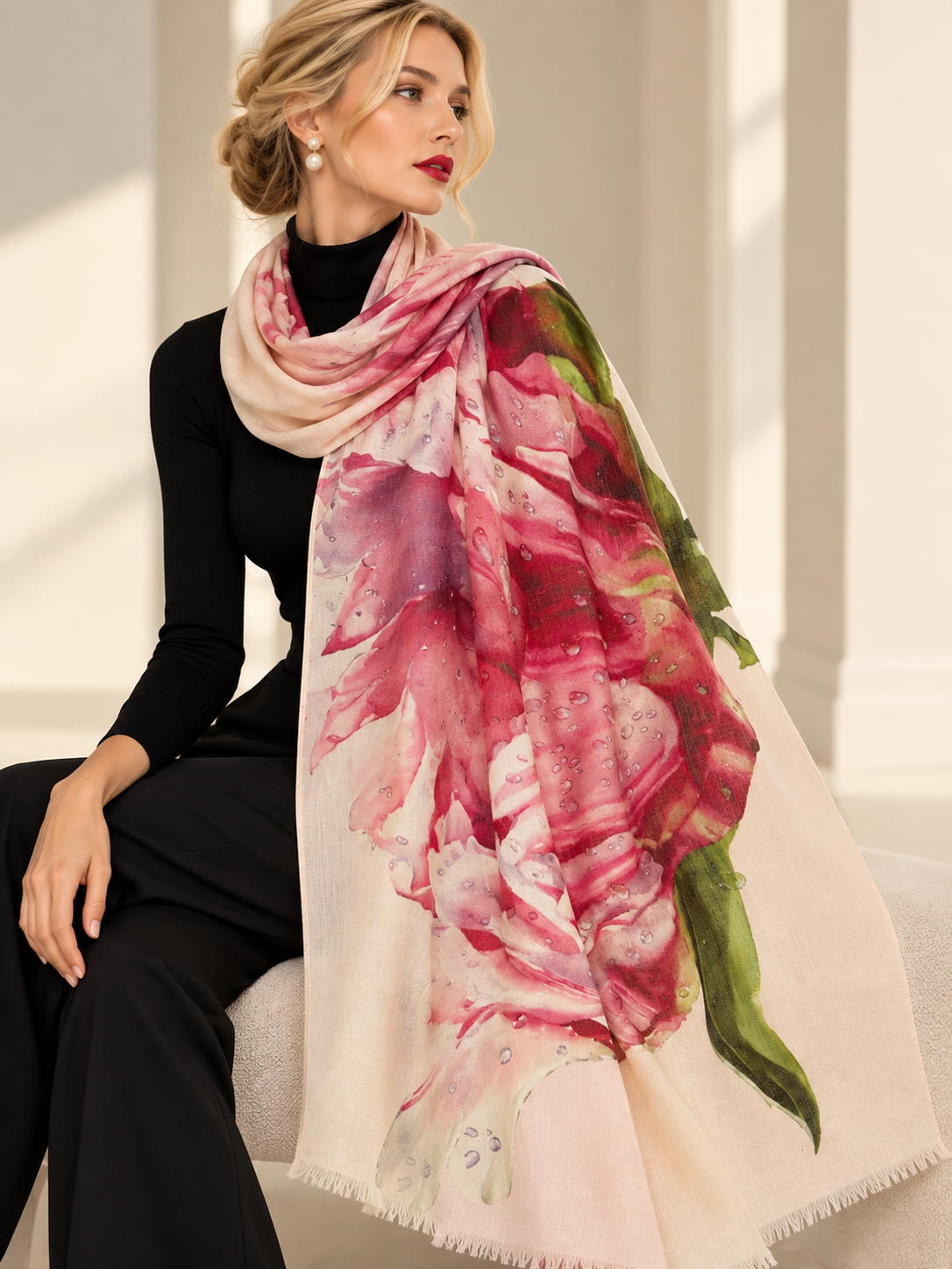 A woman seated indoors wearing a large lightweight scarf with a watercolor-style floral print in pink, red, green, and soft beige tones over a black outfit.