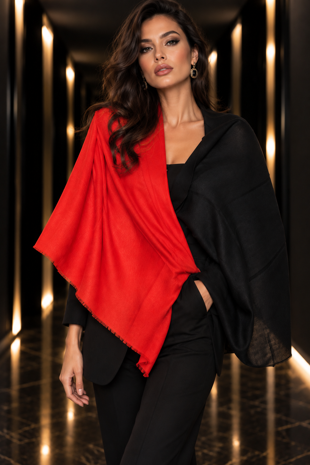 A woman modeling a vibrant red shawl draped over her shoulders, paired with a black shawl and black pants, set against a dark hallway with warm vertical lights.