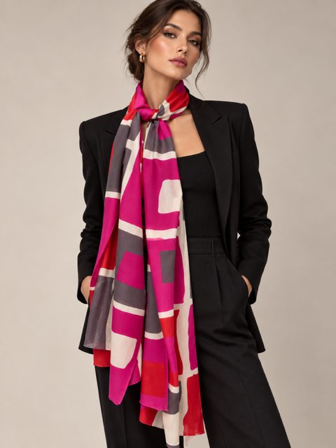 Graphic pink gray ivory cashmere scarf