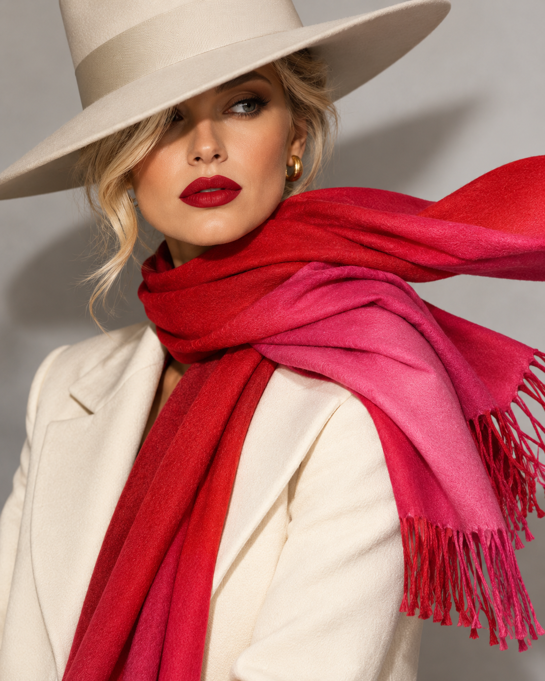A woman wearing a red-and-pink fringed scarf wrapped around her neck with a cream wide-brimmed hat and blazer.