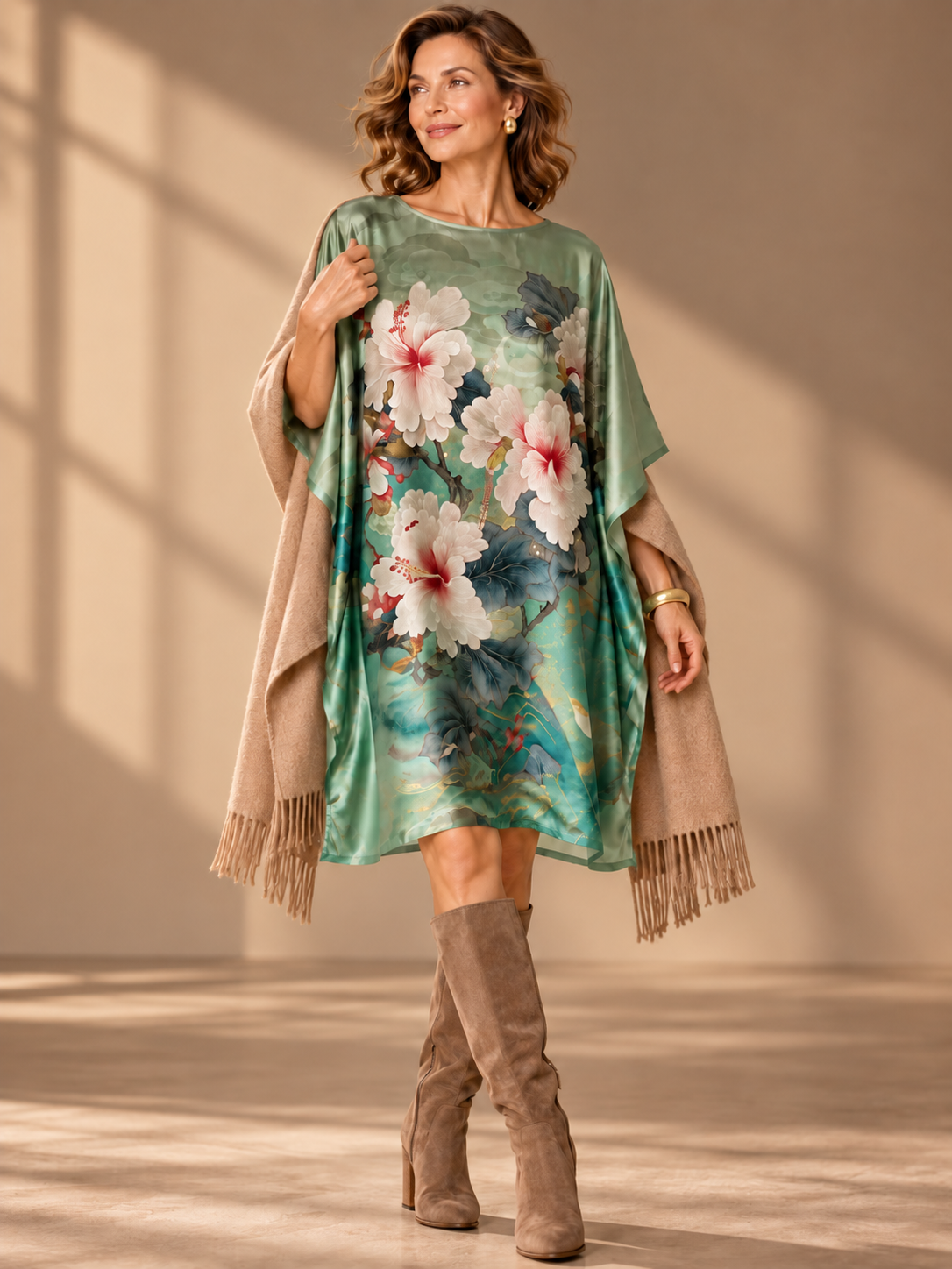 Woman wearing a green floral silk tunic with white blossoms and a beige fringed shawl